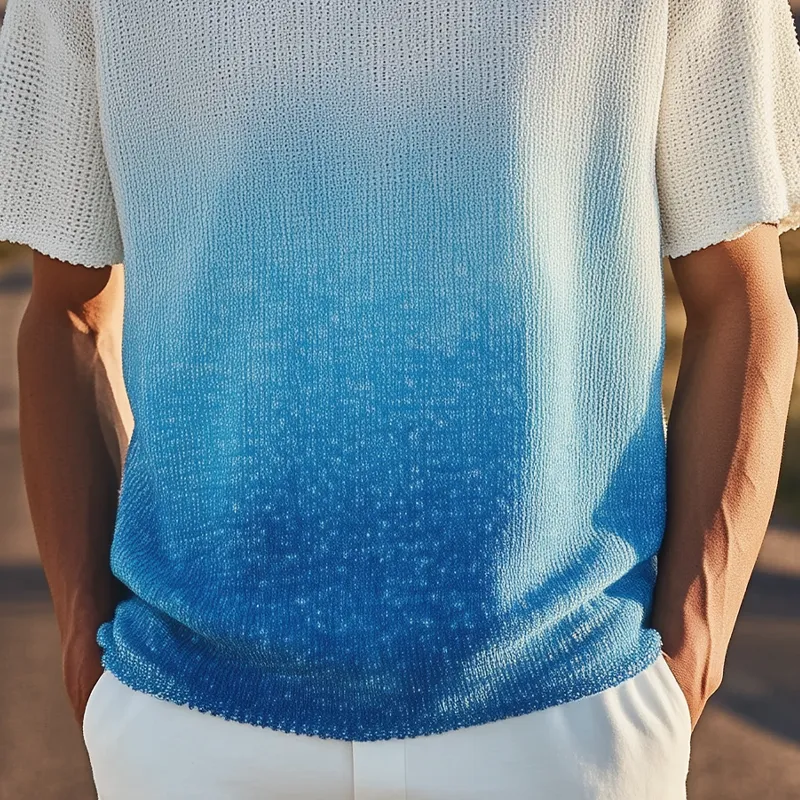 Men's Spring And Summer Fashion Casual Knitted Gradient Hanging Dye Round Neck Short-sleeved T-shirt MTA3043F7K sold by Manly product image thumbnail 5