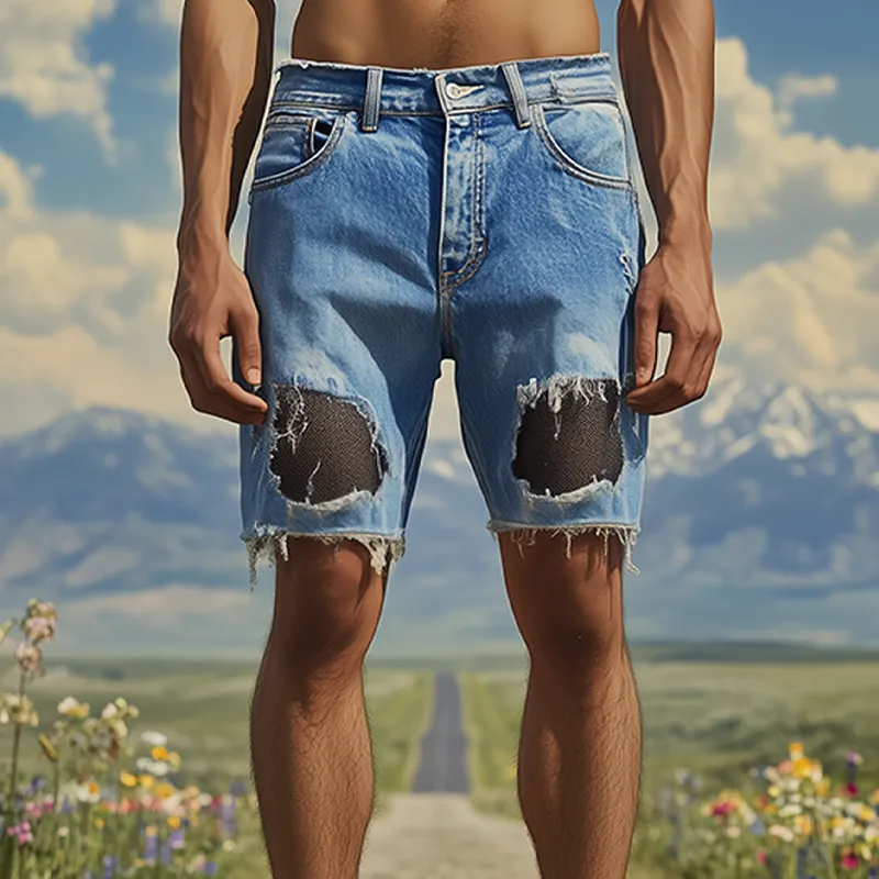 Men's Spring And Summer Fashion Casual Denim Washed Splicing Mesh Fabric Raw Edge Shorts MTA2722F1K sold by Manly product image thumbnail 3