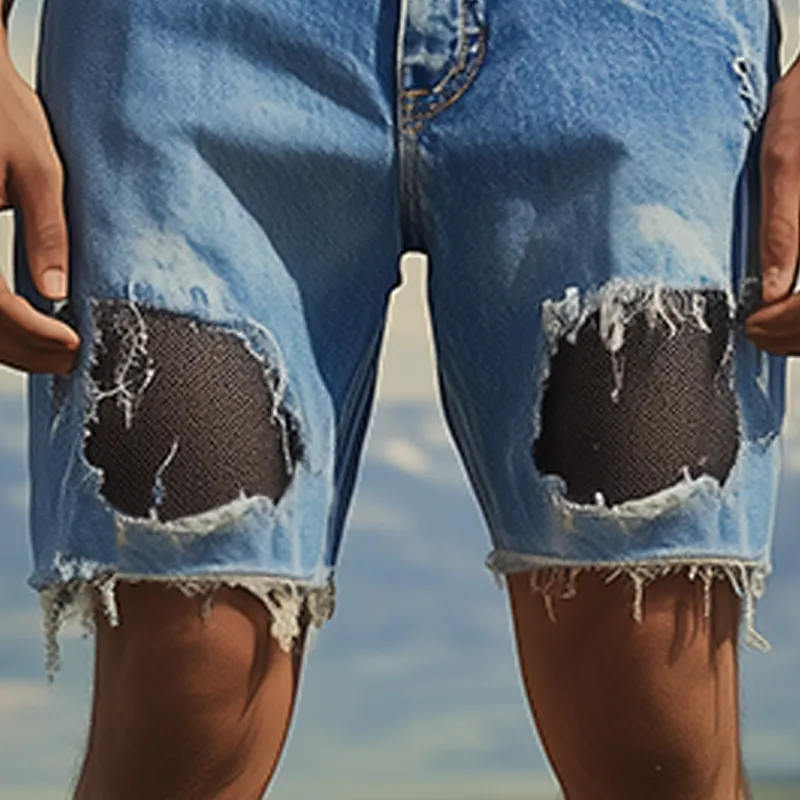 Men's Spring And Summer Fashion Casual Denim Washed Splicing Mesh Fabric Raw Edge Shorts MTA2722F1K sold by Manly product image thumbnail 5