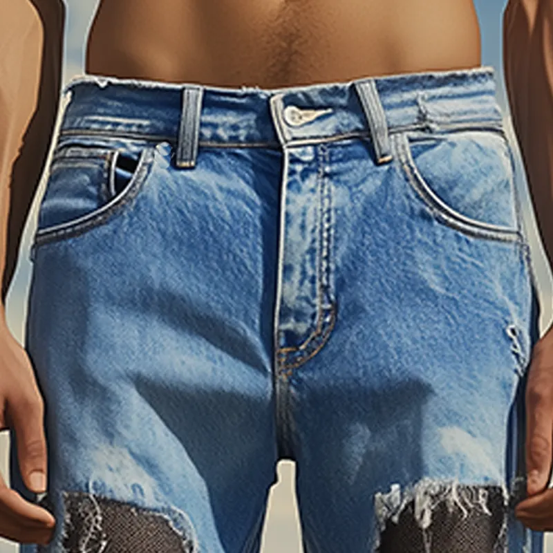 Men's Spring And Summer Fashion Casual Denim Washed Splicing Mesh Fabric Raw Edge Shorts MTA2722F1K sold by Manly product image thumbnail 4