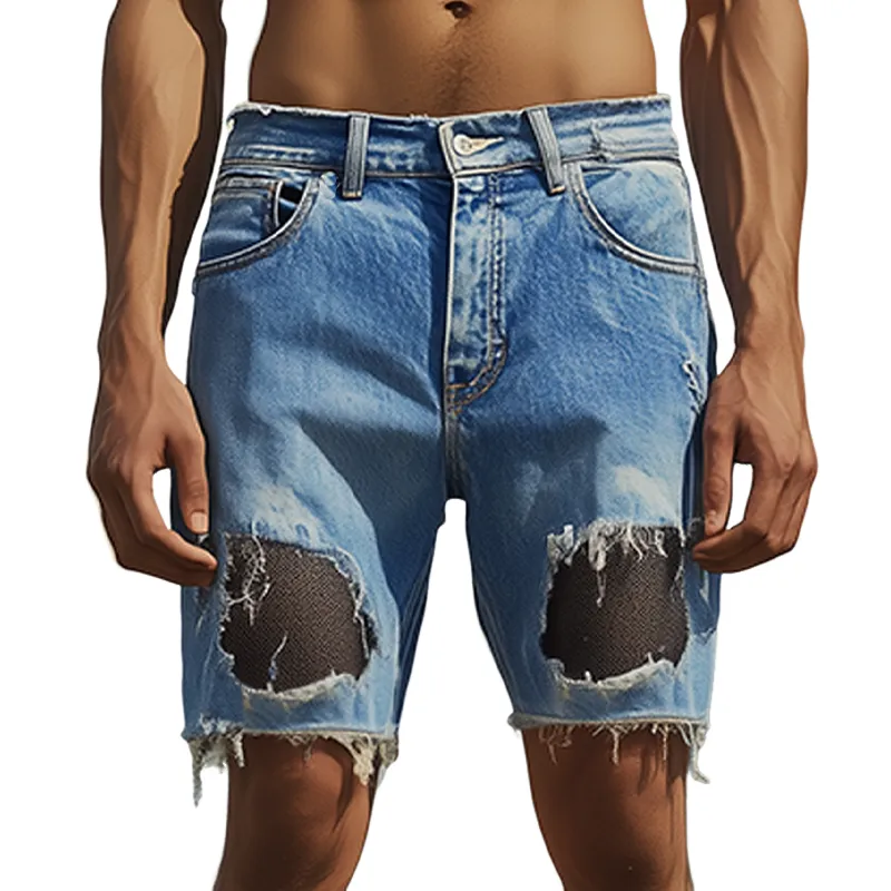 Men's Spring And Summer Fashion Casual Denim Washed Splicing Mesh Fabric Raw Edge Shorts MTA2722F1K sold by Manly