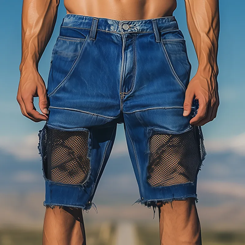Men's Spring And Summer Fashion Casual Denim Washed Splicing Mesh Shorts MTA2733F4K sold by Manly product image thumbnail 2