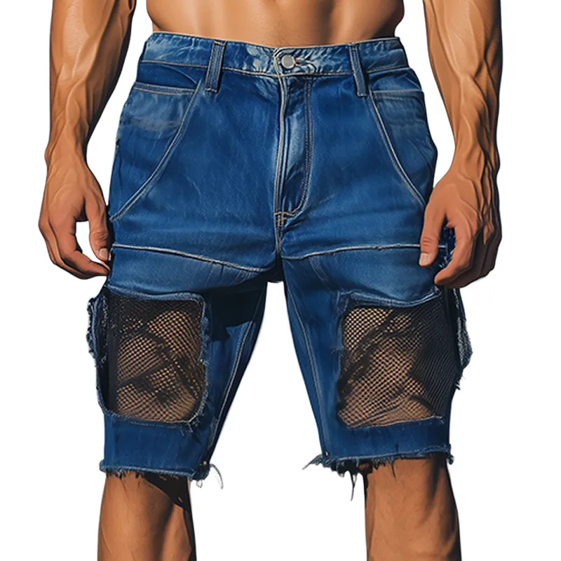 Men's Spring And Summer Fashion Casual Denim Washed Splicing Mesh Shorts MTA2733F4K sold by Manly