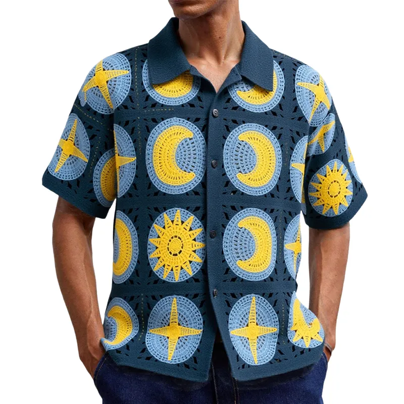 Men's Moon Knit Jacquard Short Sleeve Lapel Shirt MTA3045F5X made by Manly