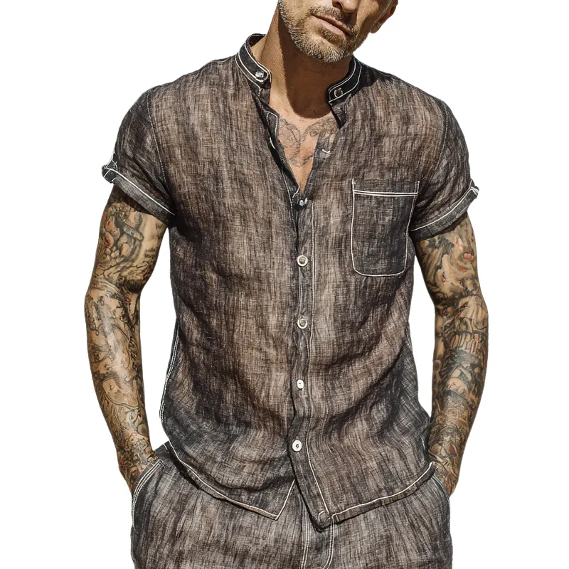 Men's Cotton And Linen Contrast Color Stand Collar Short Sleeve Shirt MTA2709F7X sold by Manly