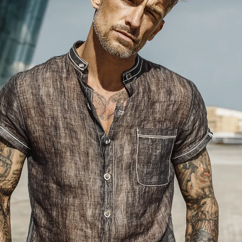 Men's Cotton And Linen Contrast Color Stand Collar Short Sleeve Shirt MTA2709F7X sold by Manly product image thumbnail 3