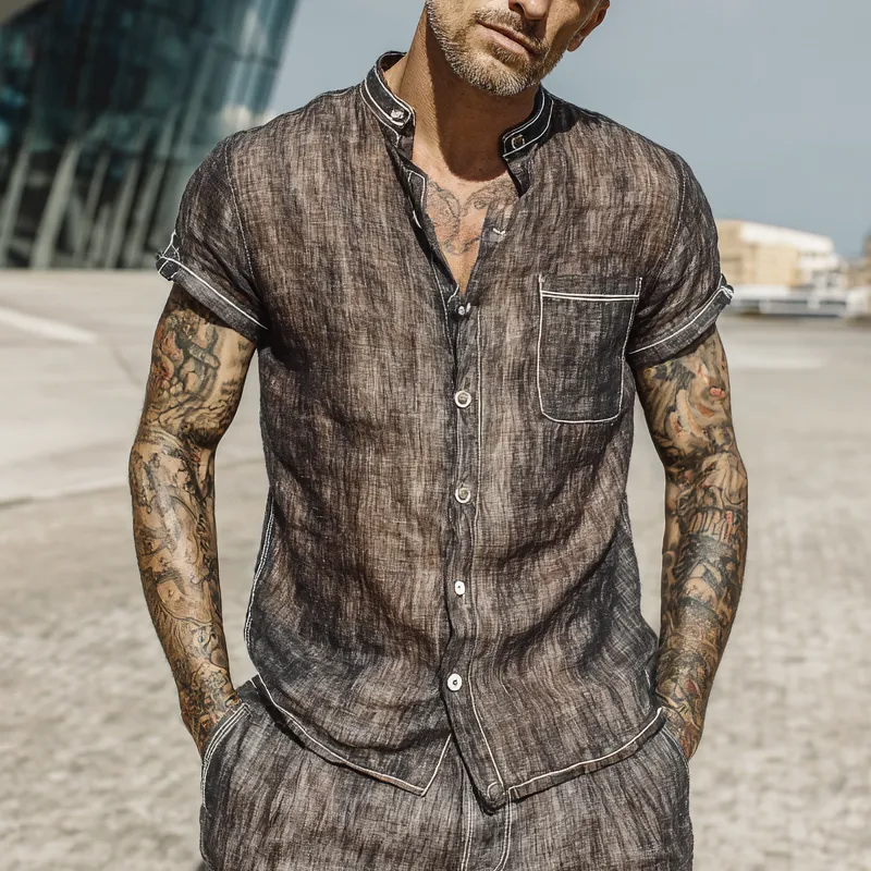 Men's Cotton And Linen Contrast Color Stand Collar Short Sleeve Shirt MTA2709F7X sold by Manly product image thumbnail 2