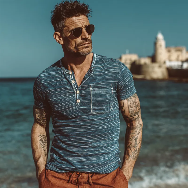 Men's Stripe Print Henley Neck Short Sleeve T-Shirt MTA2724F7X sold by Manly product image thumbnail 2