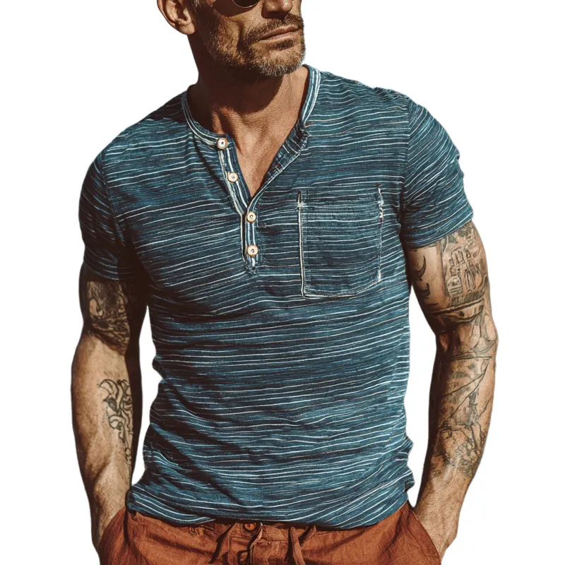 Men's Stripe Print Henley Neck Short Sleeve T-Shirt MTA2724F7X sold by Manly