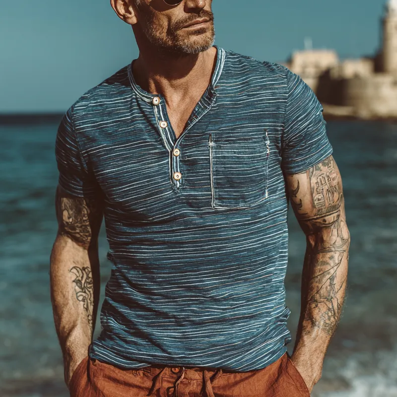 Men's Stripe Print Henley Neck Short Sleeve T-Shirt MTA2724F7X sold by Manly product image thumbnail 3