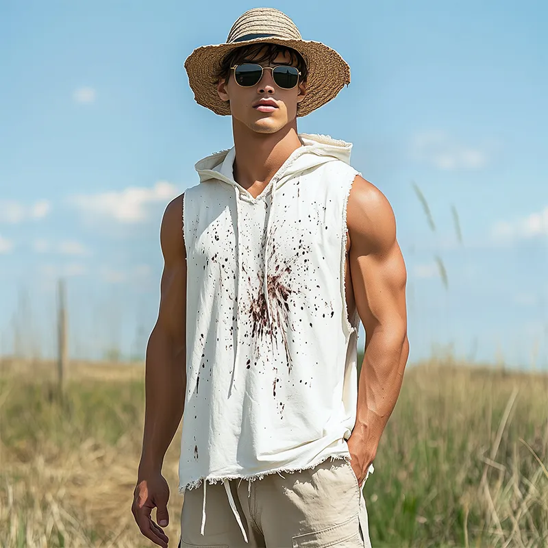 Men's Spring And Summer Fashion Casual Printed Hooded Cotton Blended Raw Edge Tank Top MTA2582F4K sold by Manly product image thumbnail 3