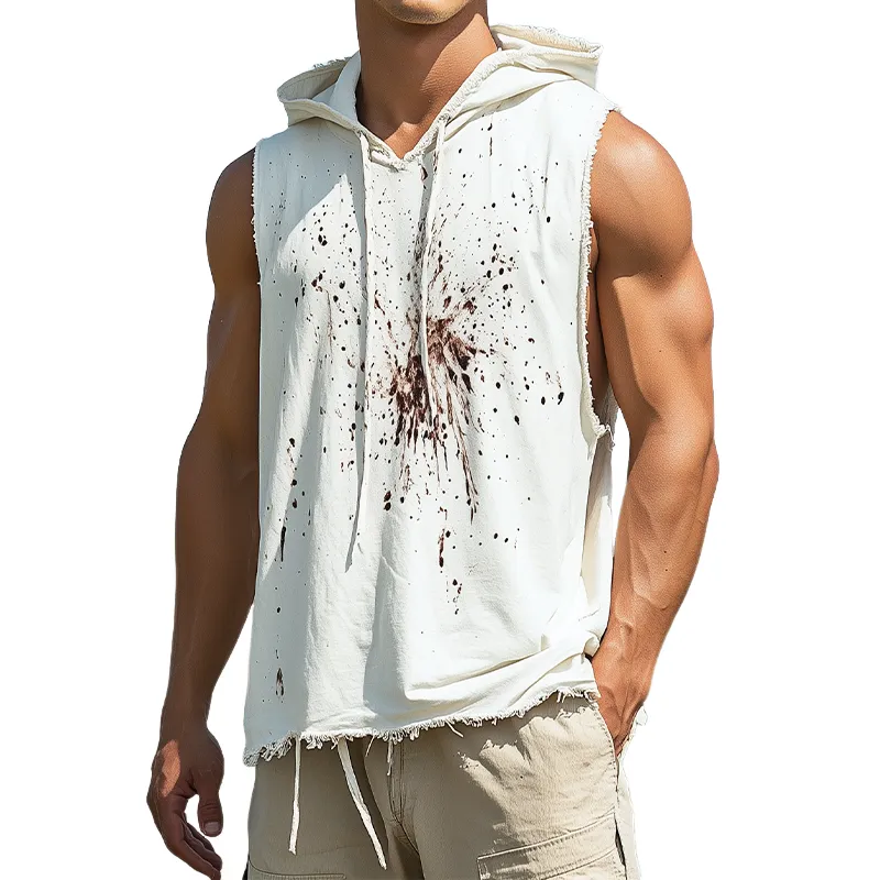 Men's Spring And Summer Fashion Casual Printed Hooded Cotton Blended Raw Edge Tank Top MTA2582F4K sold by Manly