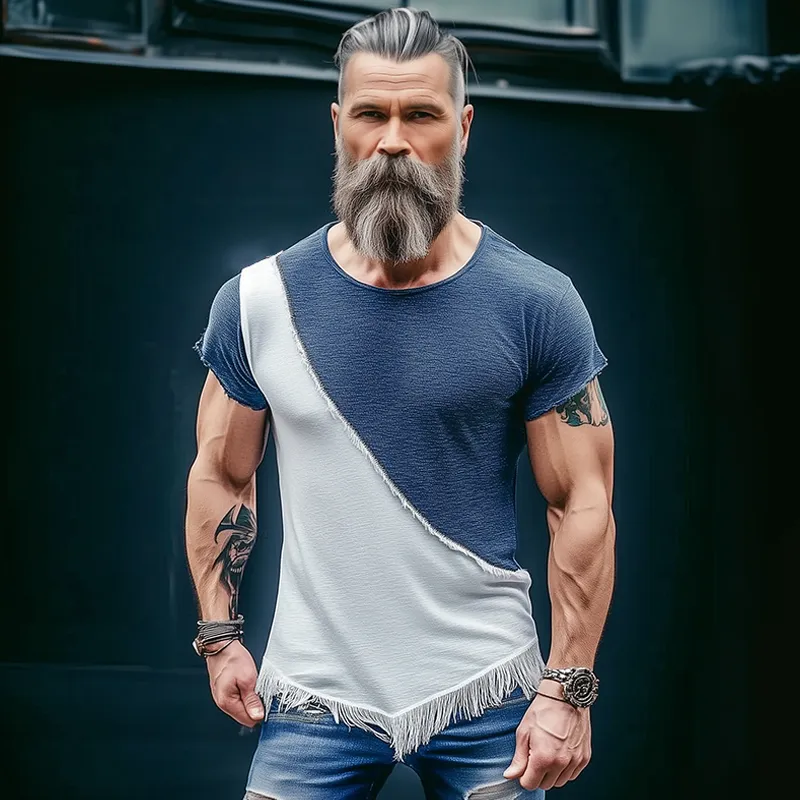 Men's Retro Casual Stitching Tassel Round Neck Short Sleeve T-Shirt MTA3083F5TO sold by Manly product image thumbnail 3