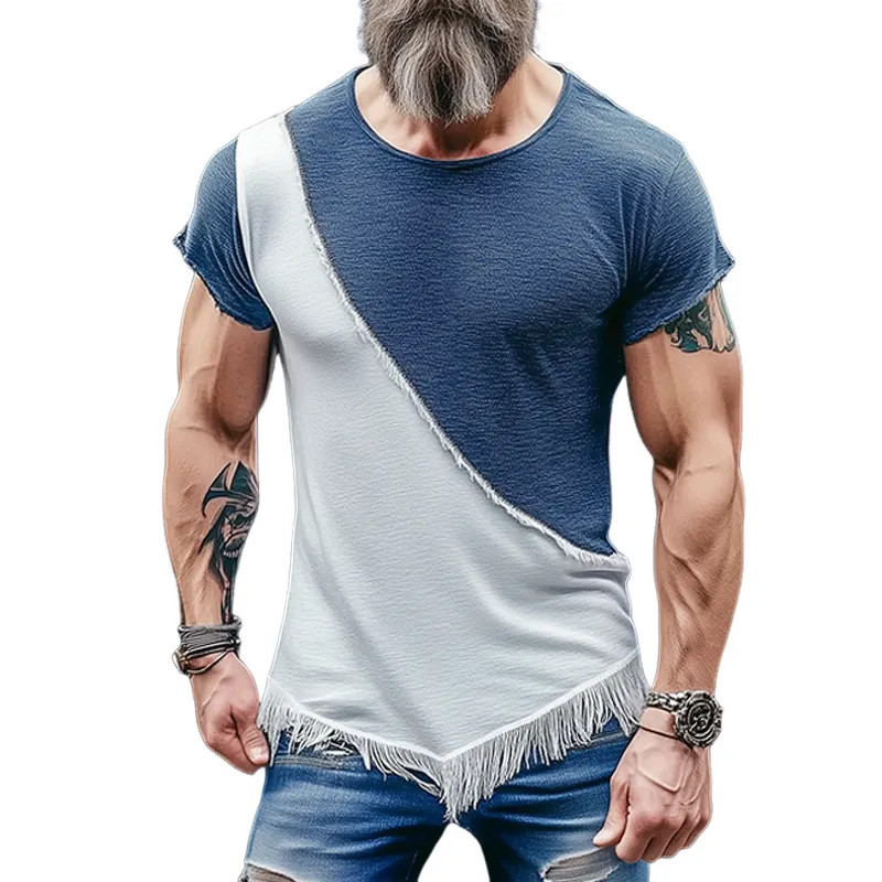 Men's Retro Casual Stitching Tassel Round Neck Short Sleeve T-Shirt MTA3083F5TO sold by Manly