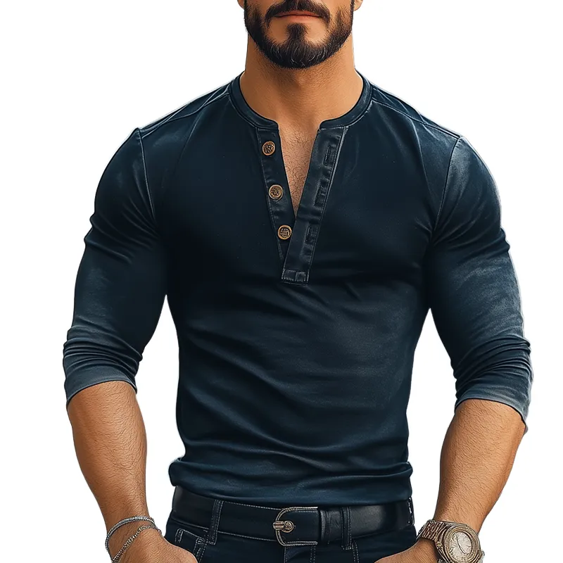 Men's Retro Casual Gradient Print Henley Neck Long Sleeve T-Shirt MTA3025F7TO sold by Manly