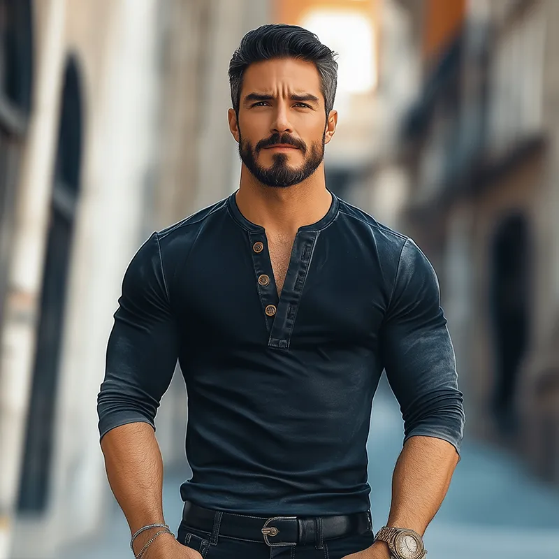 Men's Retro Casual Gradient Print Henley Neck Long Sleeve T-Shirt MTA3025F7TO sold by Manly product image thumbnail 3