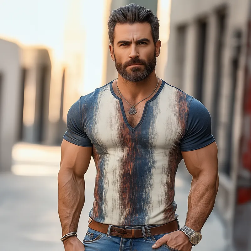 Men's Retro Casual Gradient Stripe Print V-Neck Short Sleeve T-Shirt MTA3045F0TO sold by Manly product image thumbnail 3