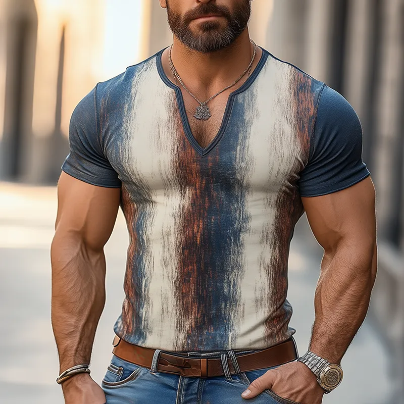 Men's Retro Casual Gradient Stripe Print V-Neck Short Sleeve T-Shirt MTA3045F0TO sold by Manly product image thumbnail 2