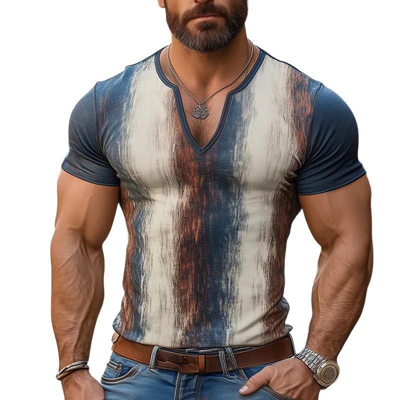 Men's Retro Casual Gradient Stripe Print V-Neck Short Sleeve T-Shirt MTA3045F0TO sold by Manly