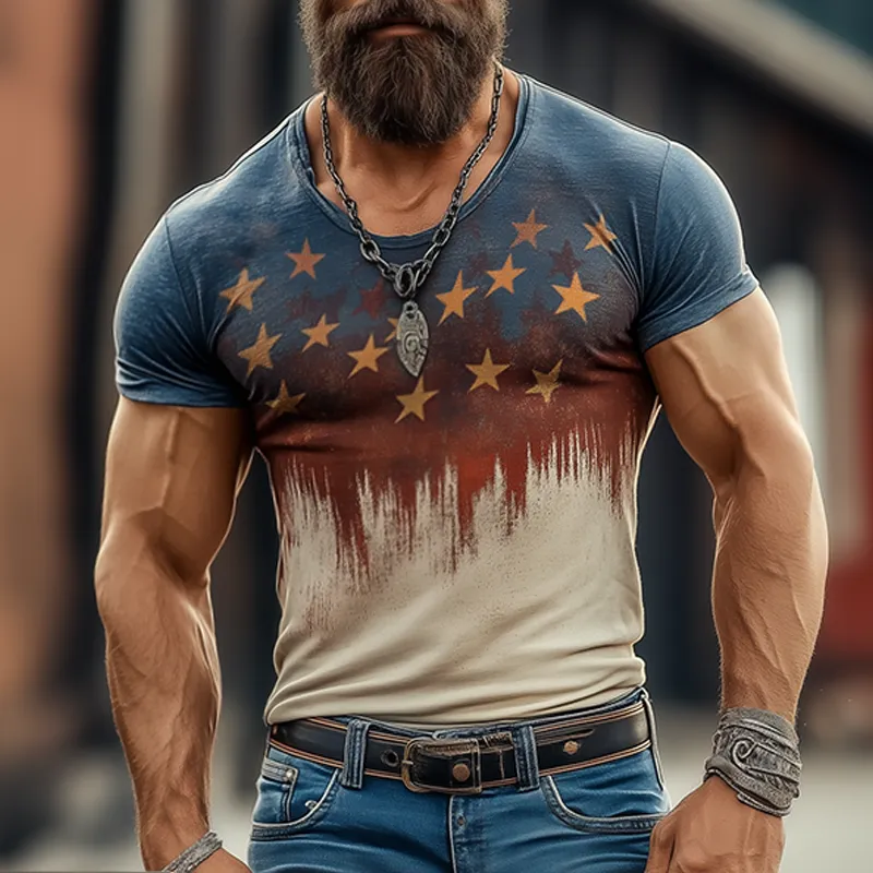 Men's Retro Burst Star Print Tough Round Neck Short Sleeve T-Shirt MTA3082F4TO sold by Manly product image thumbnail 2