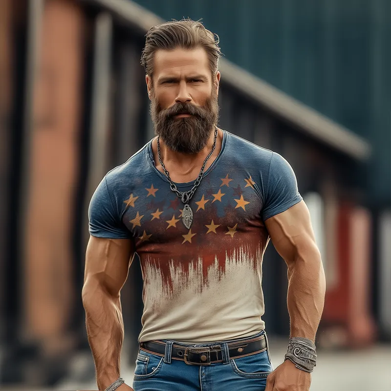 Men's Retro Burst Star Print Tough Round Neck Short Sleeve T-Shirt MTA3082F4TO sold by Manly product image thumbnail 3