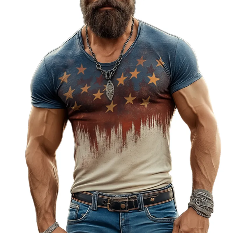 Men's Retro Burst Star Print Tough Round Neck Short Sleeve T-Shirt MTA3082F4TO sold by Manly