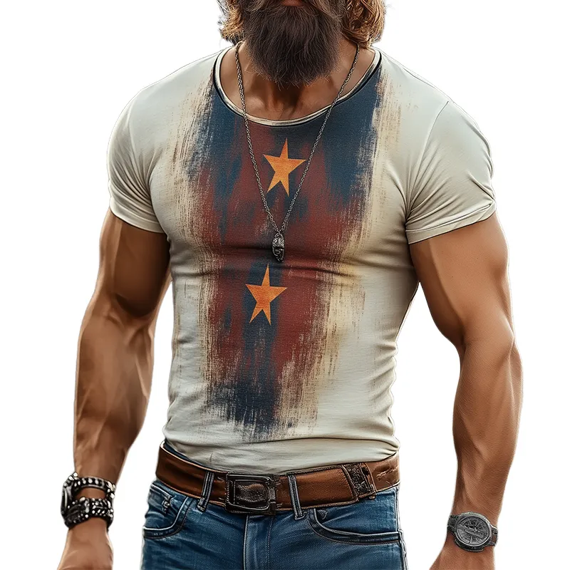 Men's Retro Burst Star Print Tough Round Neck Short Sleeve T-Shirt MTA3078F8TO sold by Manly