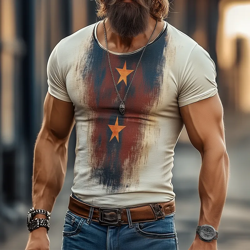 Men's Retro Burst Star Print Tough Round Neck Short Sleeve T-Shirt MTA3078F8TO sold by Manly product image thumbnail 2