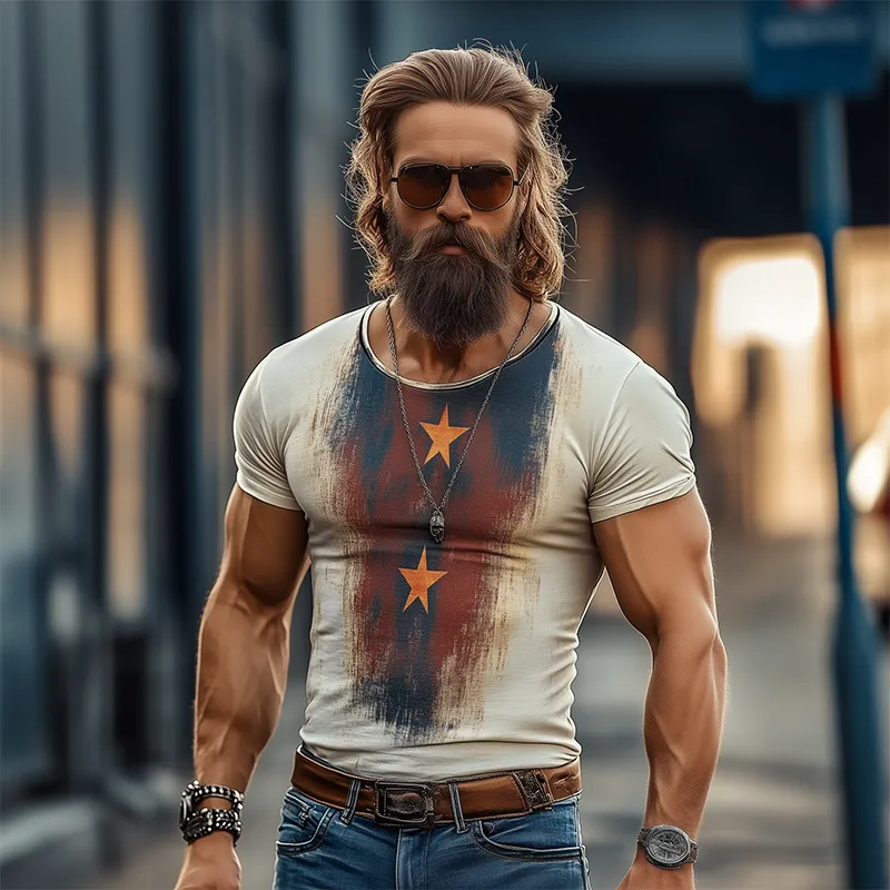 Men's Retro Burst Star Print Tough Round Neck Short Sleeve T-Shirt MTA3078F8TO sold by Manly product image thumbnail 3