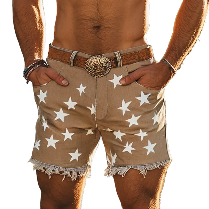 Men's Summer Fashion Star Print Raw Edge Denim Shorts MTA2753F1U sold by Manly