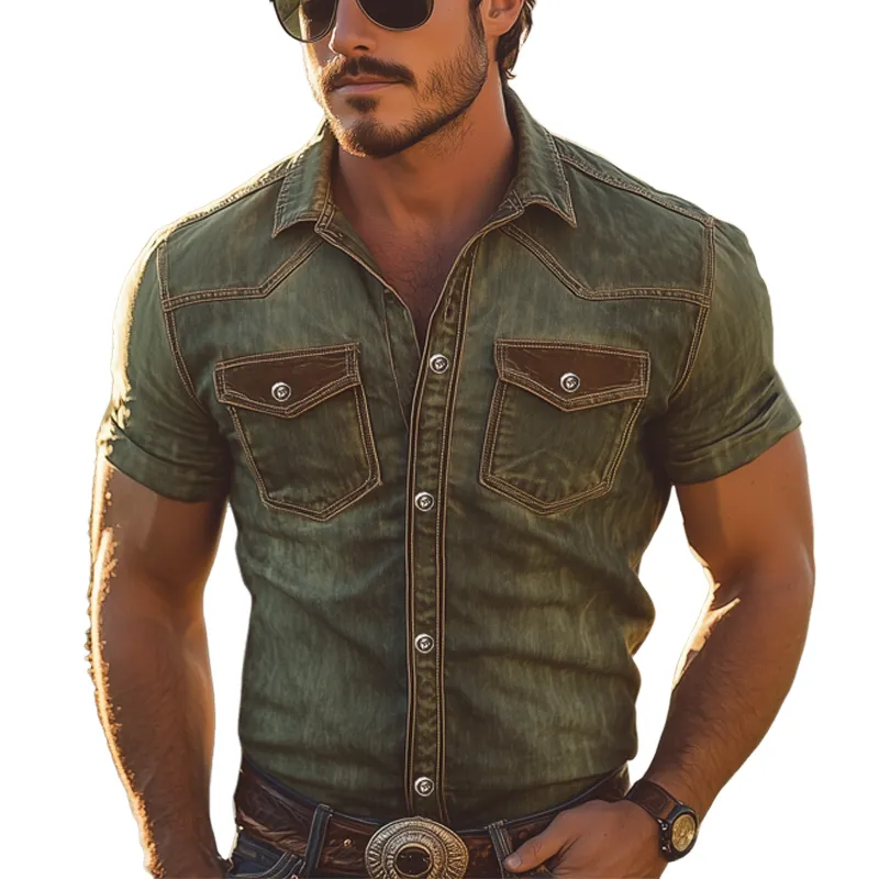 Men's Summer Western Style Colorblock Denim Short Sleeve Shirt MTA2768F8U sold by Manly