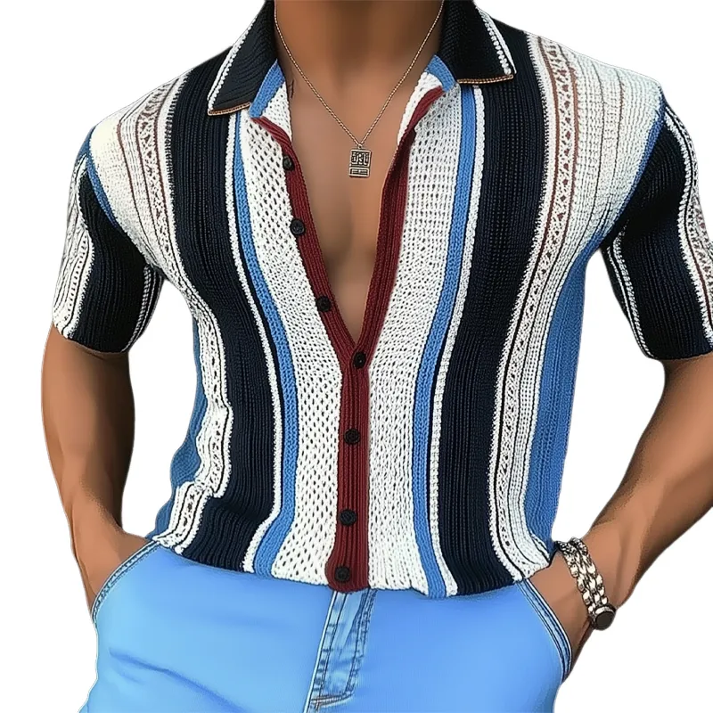 Men's Summer Fashion Colorblock Vertical Striped Knitted Short Sleeve Shirt MTA2701F9U sold by Manly