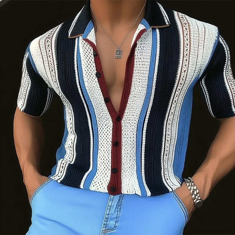 Men's Summer Fashion Colorblock Vertical Striped Knitted Short Sleeve Shirt MTA2701F9U sold by Manly product image thumbnail 2