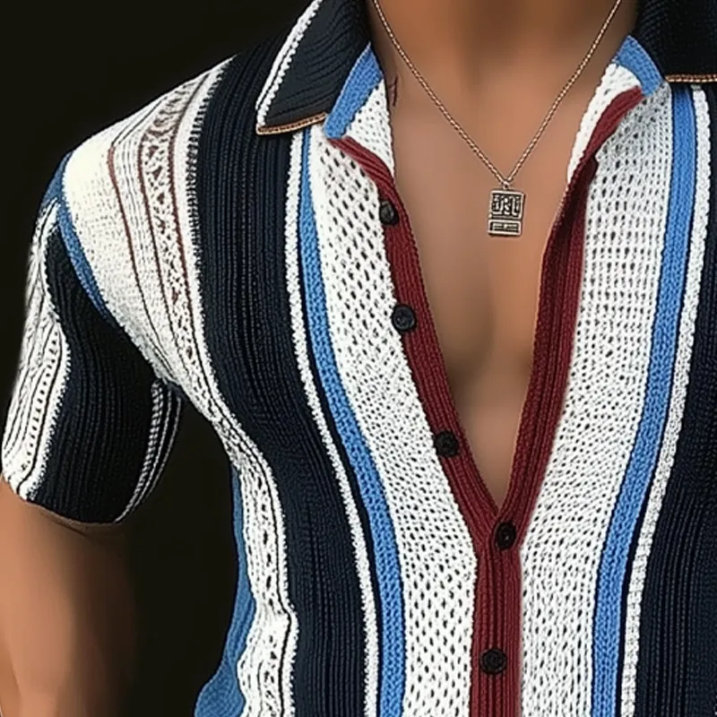 Men's Summer Fashion Colorblock Vertical Striped Knitted Short Sleeve Shirt MTA2701F9U sold by Manly product image thumbnail 3