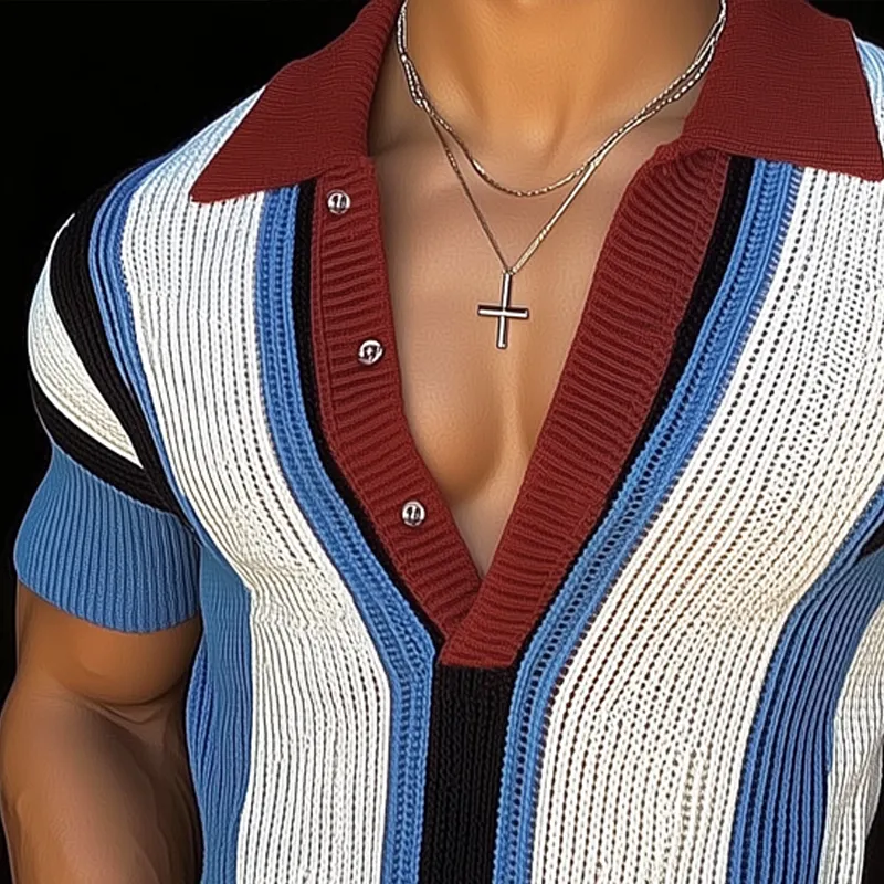 Men's Casual Color-blocked Vertical Striped Deep V-neck Knitted Short-sleeved T-shirt MTA3034F4U sold by Manly product image thumbnail 3