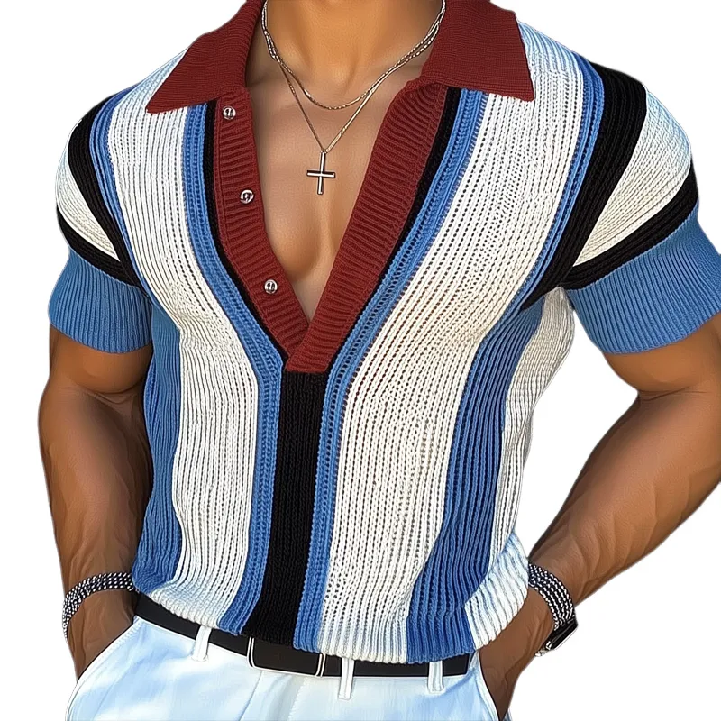 Men's Casual Color-blocked Vertical Striped Deep V-neck Knitted Short-sleeved T-shirt MTA3034F4U sold by Manly