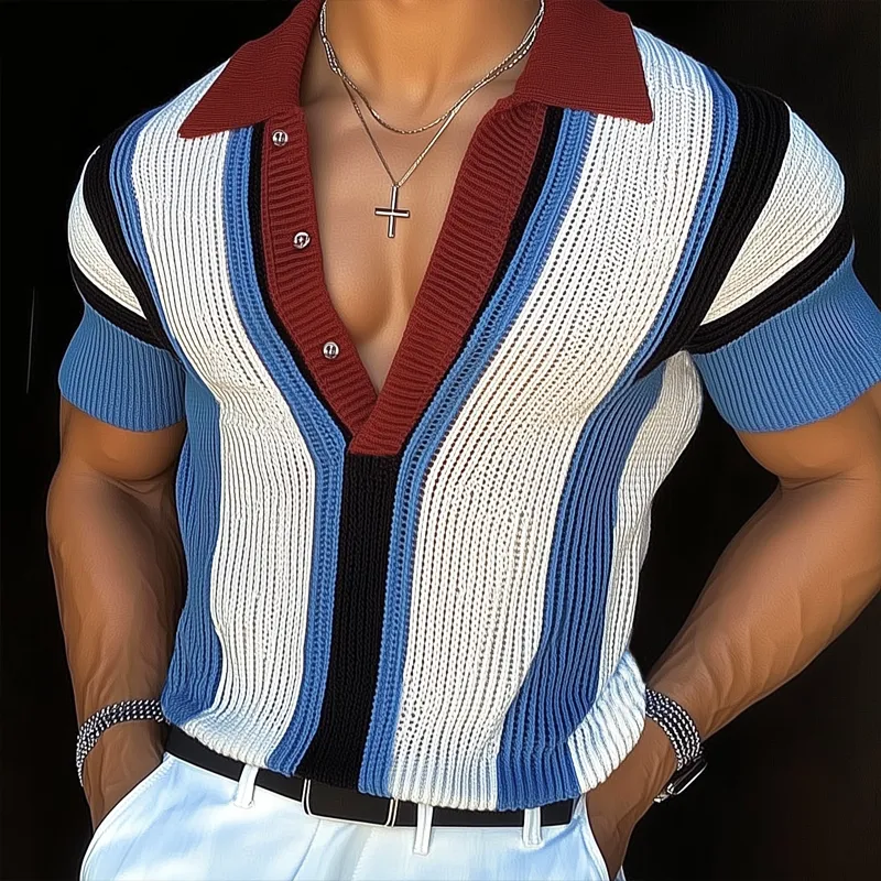 Men's Casual Color-blocked Vertical Striped Deep V-neck Knitted Short-sleeved T-shirt MTA3034F4U sold by Manly product image thumbnail 2