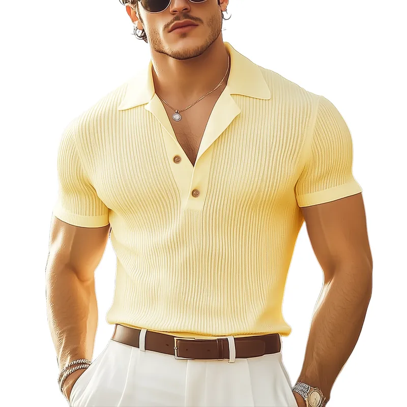 Men's Summer Basic Solid Color V-neck Striped Knitted T-shirt MTA3055F0U sold by Manly