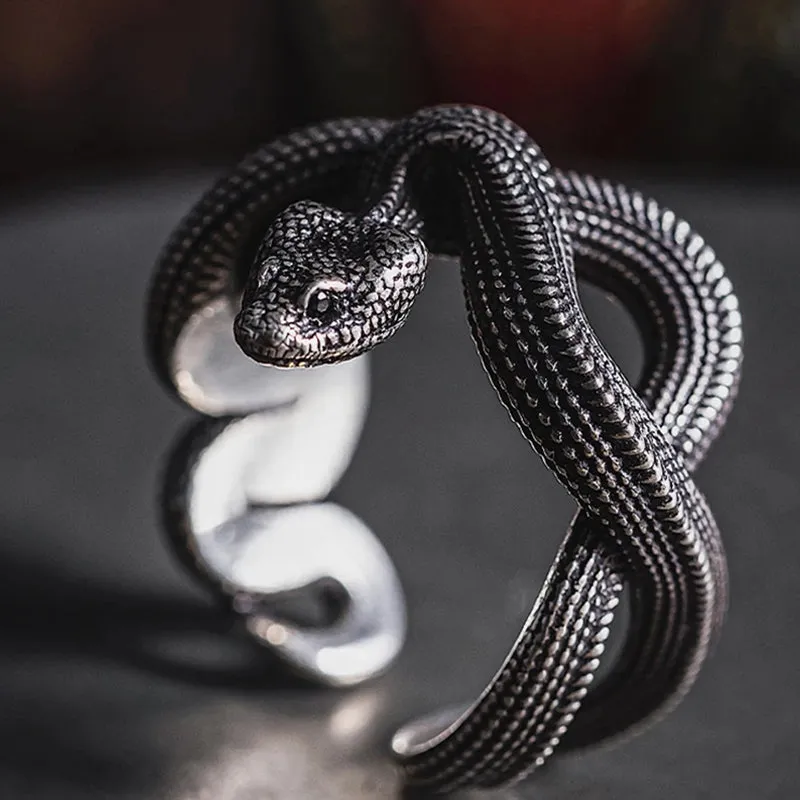 Men's Retro Punk Style Three-Dimensional Python S925 Silver Adjustable Ring MTA3029F5M made by Manly