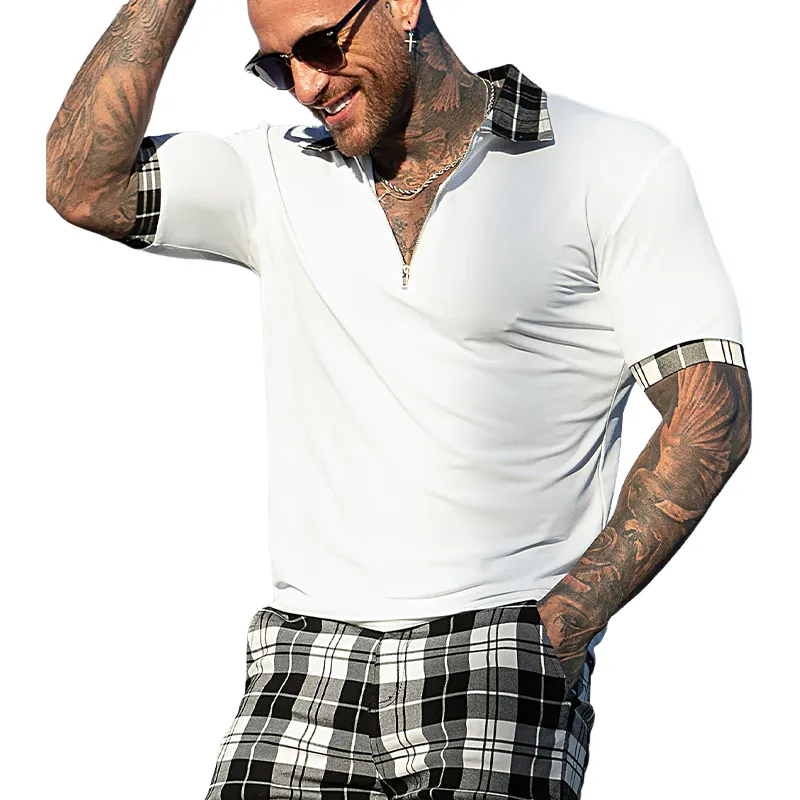 Men's Plaid Stitching Casual Short Sleeve POLO Shirt MTA0292G8X sold by Manly