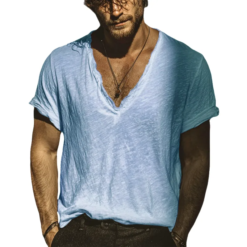 Men's Vintage Cotton Blended Solid Color Short Sleeve V Neck T-Shirt MTA0248G2X sold by Manly