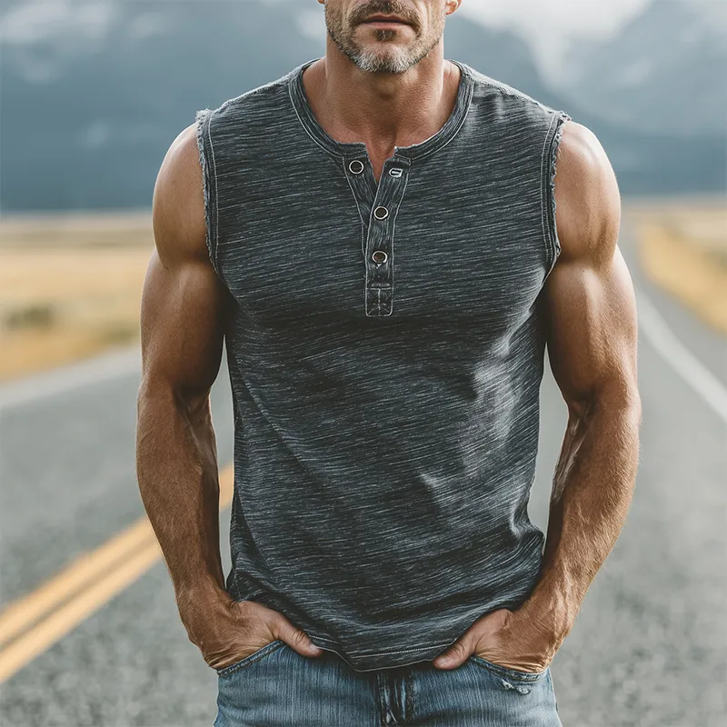 Men's Summer Casual Heathered Cotton Blend Henley Neck Raw Edge Tank Top MTA0298G6K sold by Manly product image thumbnail 2