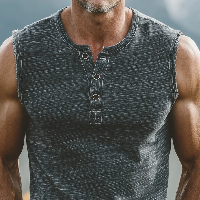 Men's Summer Casual Heathered Cotton Blend Henley Neck Raw Edge Tank Top MTA0298G6K sold by Manly product image thumbnail 3