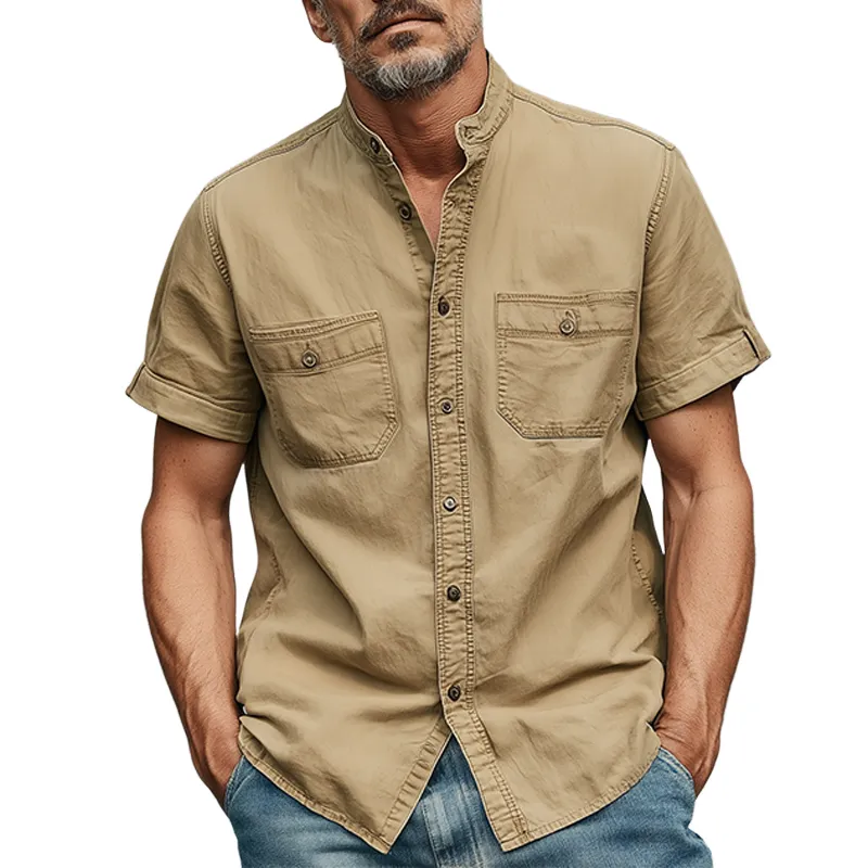 Men's Summer Casual Cotton Blended Washed Stand Collar Short Sleeve Shirt MTA0220G9K sold by Manly