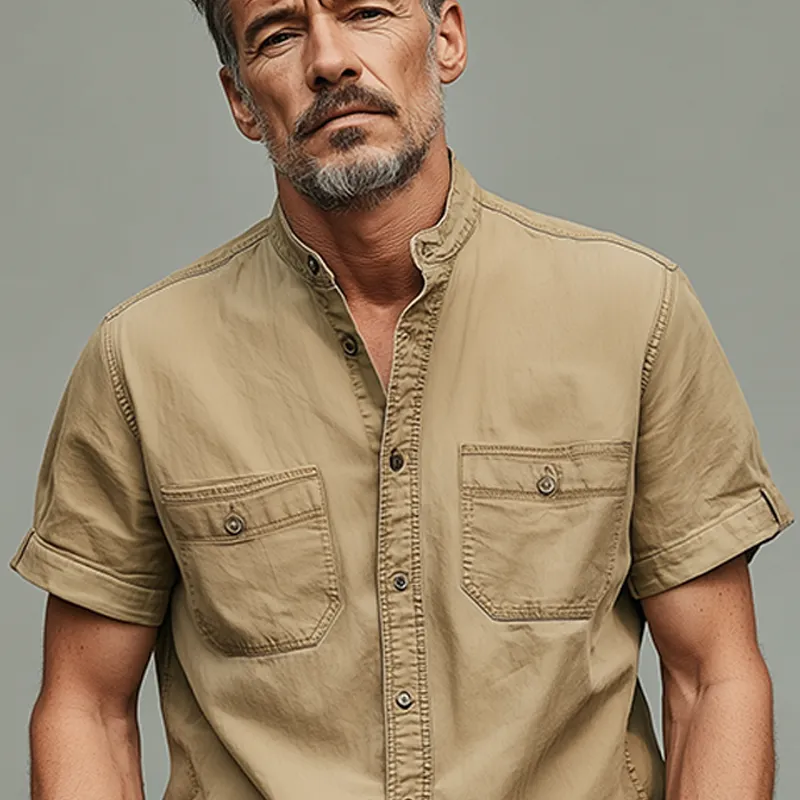 Men's Summer Casual Cotton Blended Washed Stand Collar Short Sleeve Shirt MTA0220G9K sold by Manly product image thumbnail 4