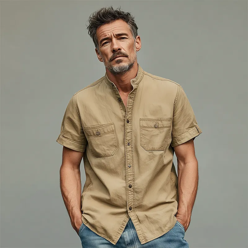 Men's Summer Casual Cotton Blended Washed Stand Collar Short Sleeve Shirt MTA0220G9K sold by Manly product image thumbnail 3