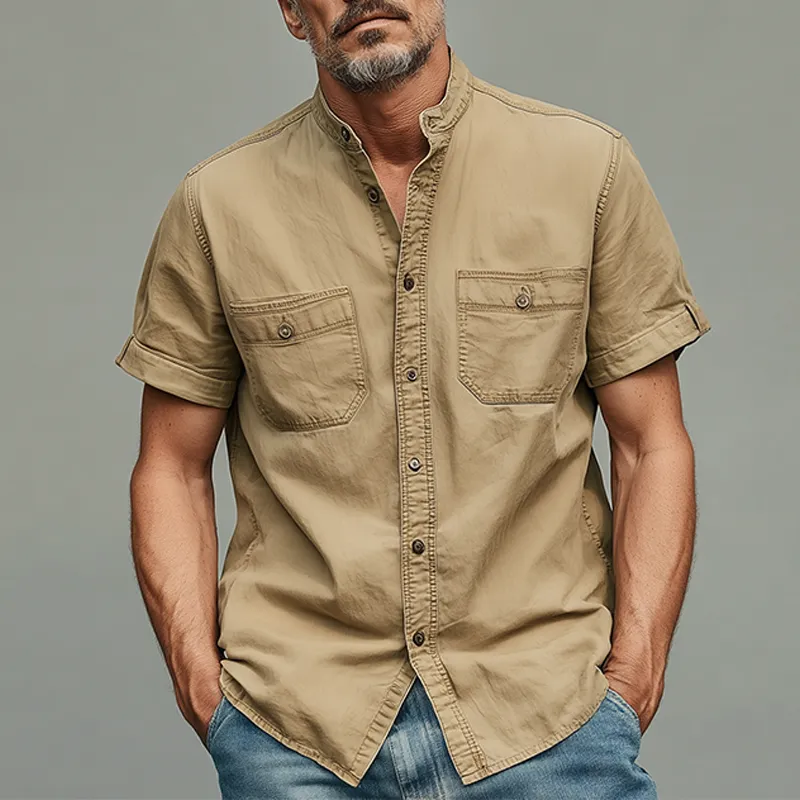 Men's Summer Casual Cotton Blended Washed Stand Collar Short Sleeve Shirt MTA0220G9K sold by Manly product image thumbnail 2