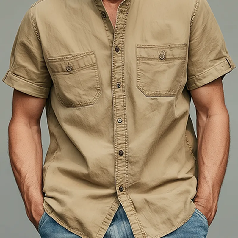 Men's Summer Casual Cotton Blended Washed Stand Collar Short Sleeve Shirt MTA0220G9K sold by Manly product image thumbnail 5