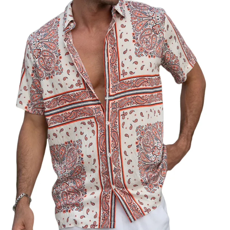 Men's Summer Vintage Tencel Cotton Printed Lapel Short Sleeve Shirt MTA0293G7K sold by Manly