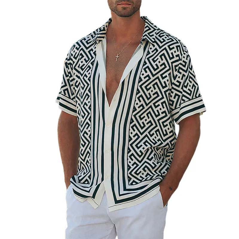 Men's Summer Casual Tencel Cotton Printed Lapel Short Sleeve Shirt MTA0269G9K sold by Manly
